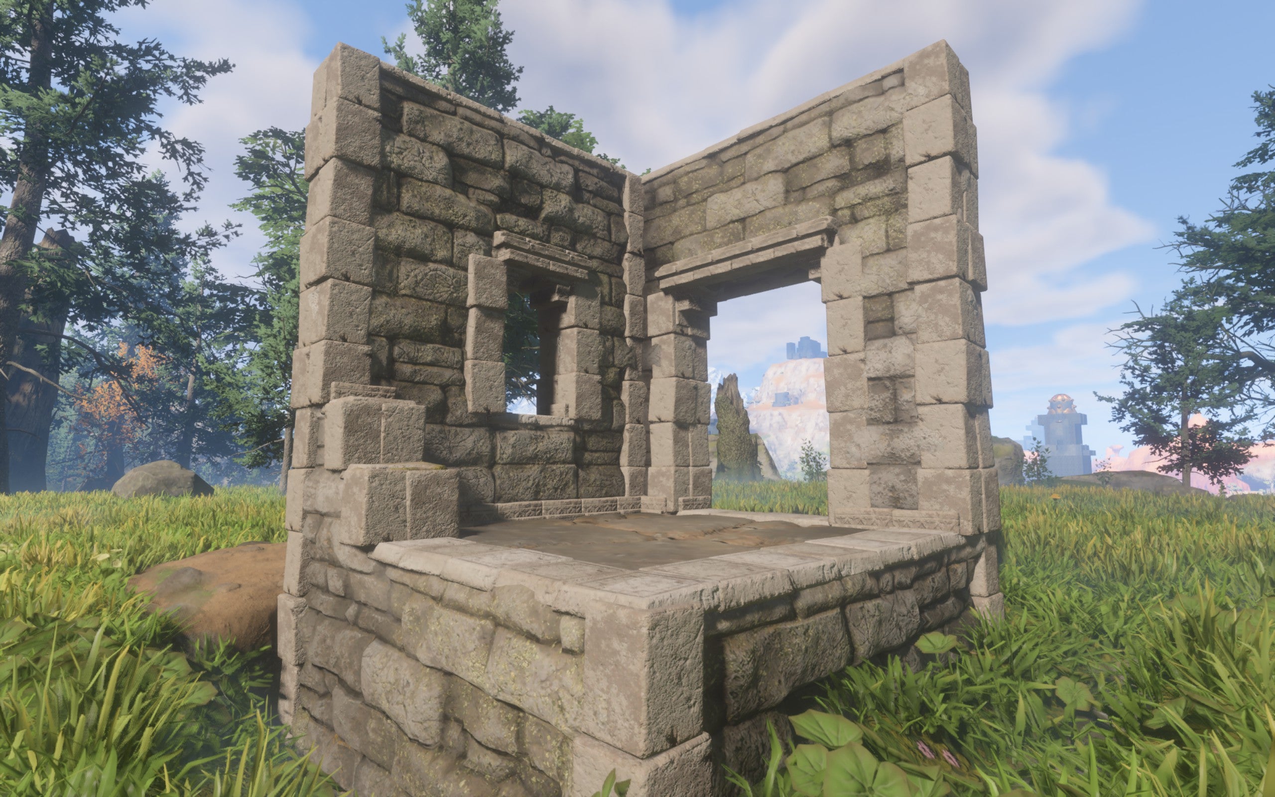 A demonstration of the Roughly Cut Stone Block, with uneven grey stone bricks.