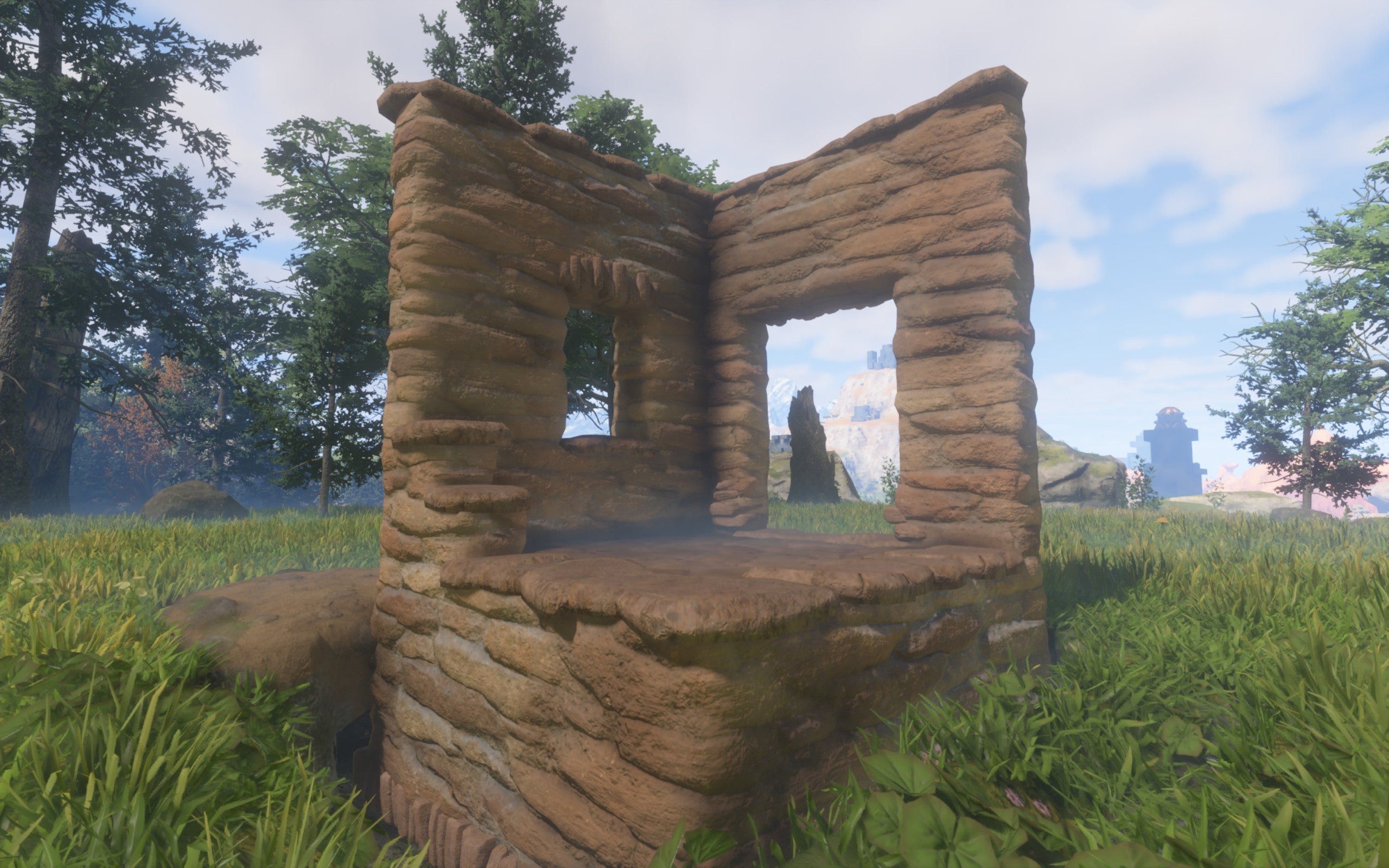 A demonstration of the Rough Sandstone Block, made of uneven red-brown stones.