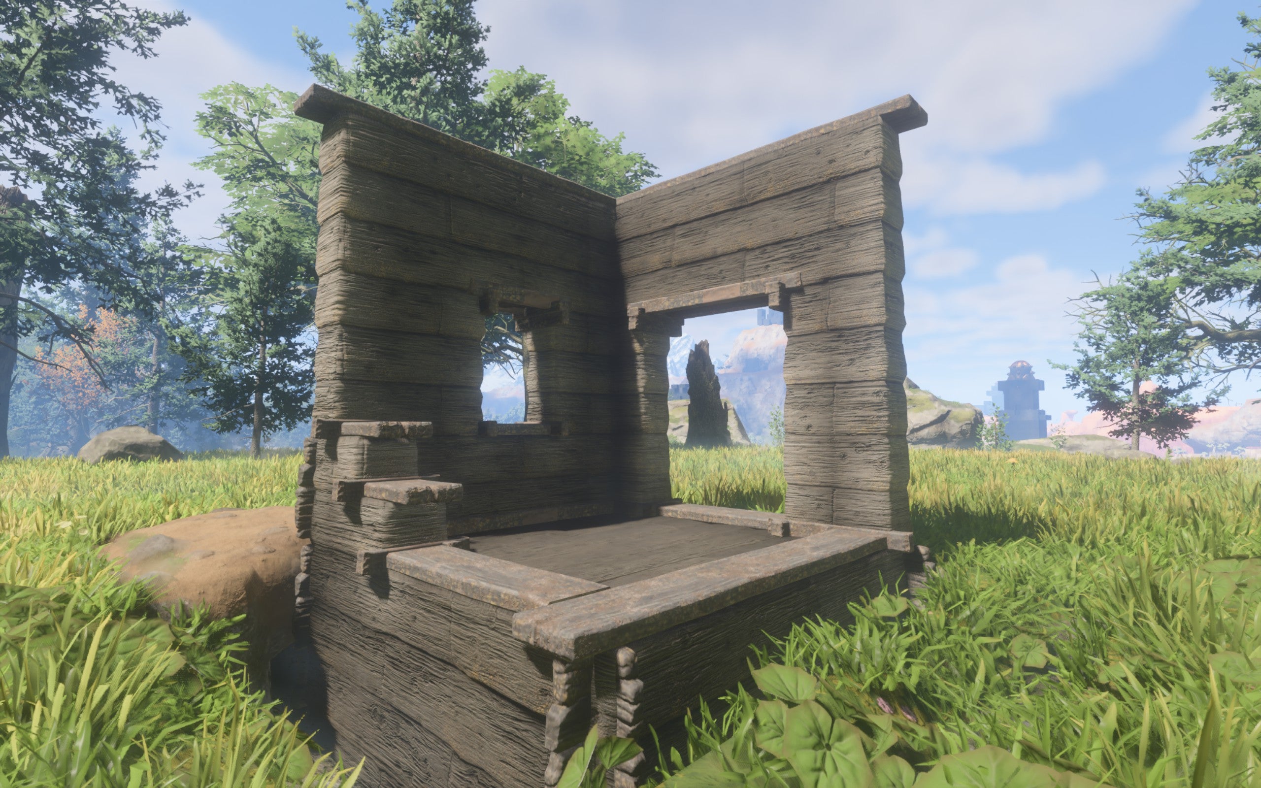 A demonstration of the Shroud Wood Block, made of dark grey wood panels.