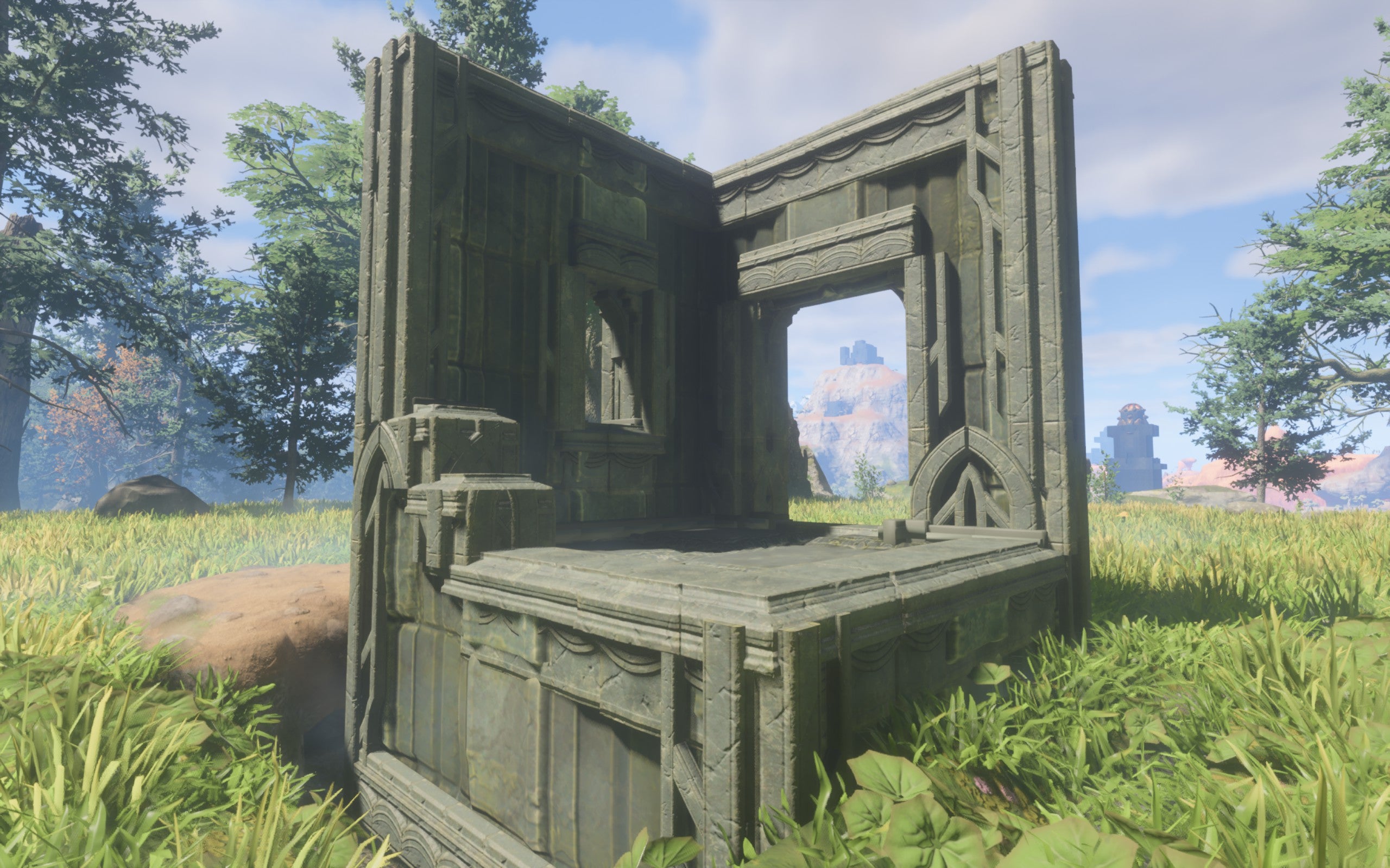 A demonstration of the Well Block, which is made of green-coloured stone and bears elaborate temple-style patterns.