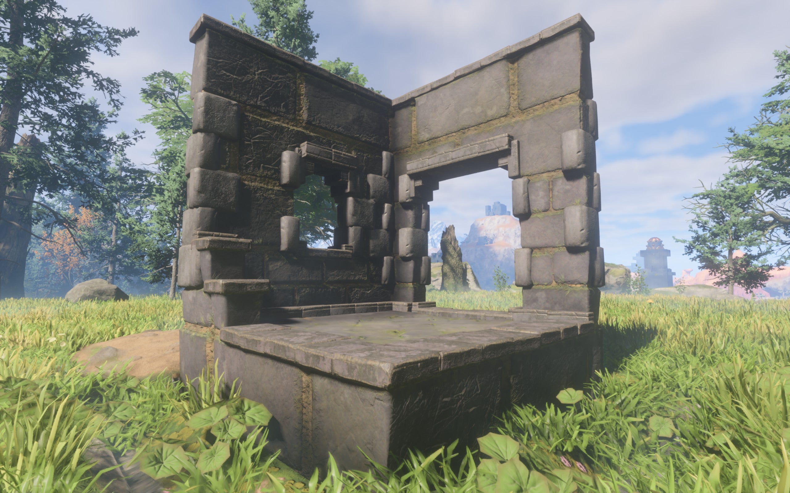 A demonstration of the Castle Wall building block, made of slightly uneven but smooth stone bricks with some green moss in the cracks between them.