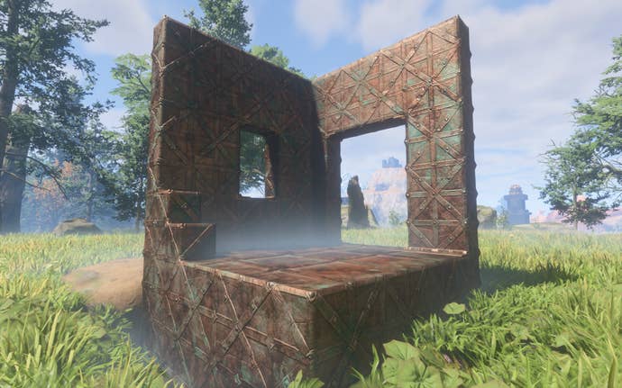 A demonstration of the Copper building block, a rusty-looking metal block with diagonal patterns and a slightly green tinge.