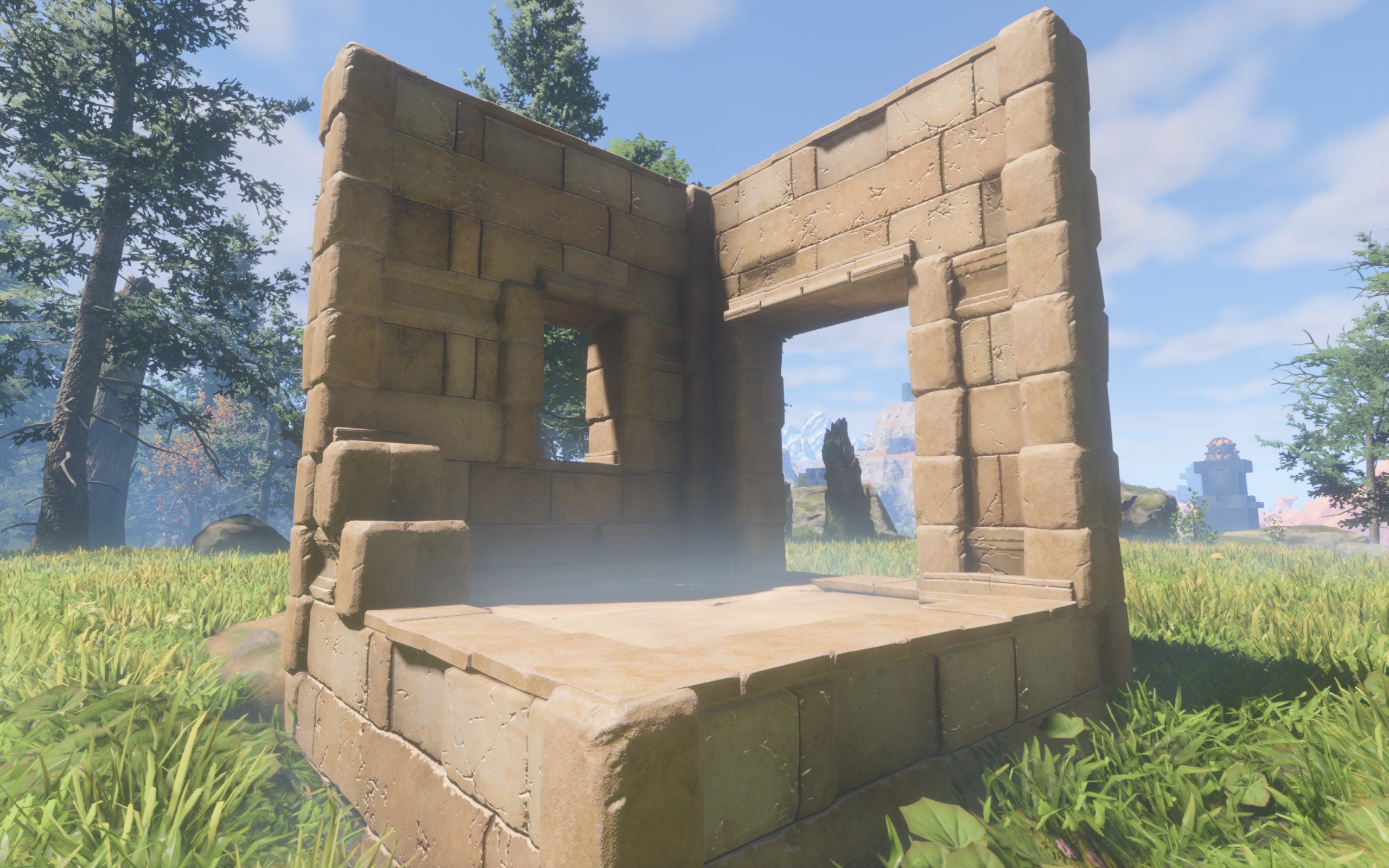 A demonstration of the Desert City Wall block, which has an uneven yellow stone pattern.