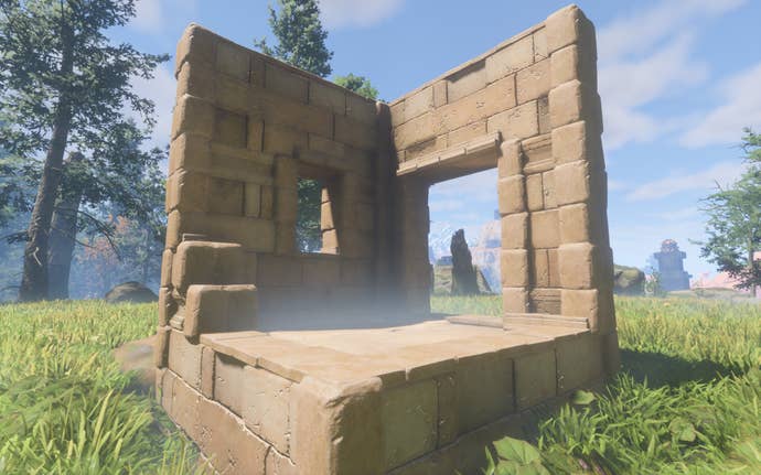 A demonstration of the Desert City Wall block, which has an uneven yellow stone pattern.