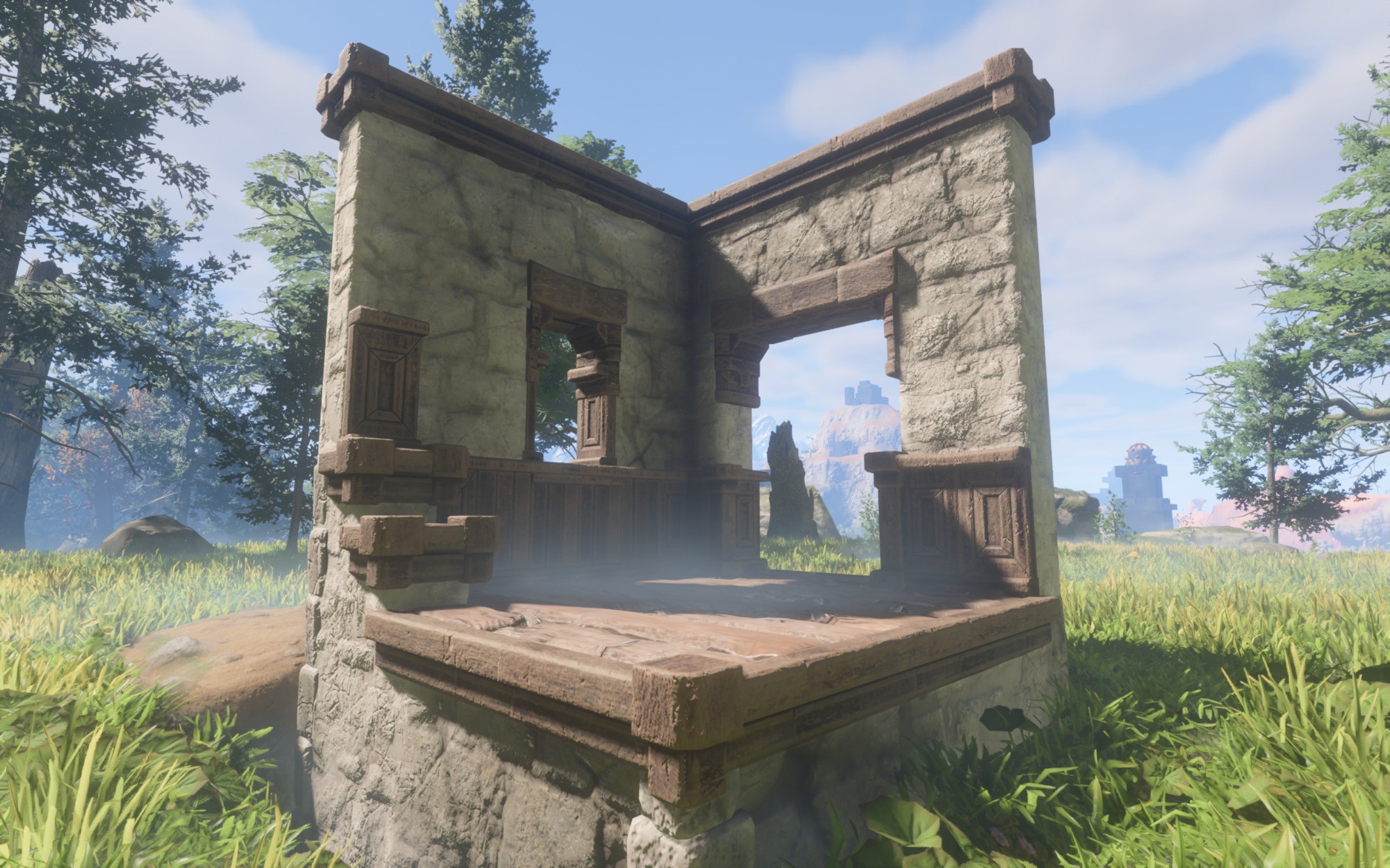 A demonstration of the Fancy Stone Block, made of smooth grey stone and dark wooden beams.