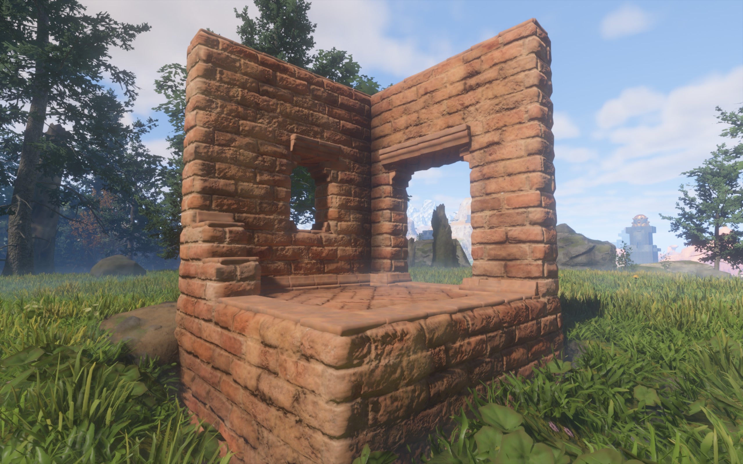 A demonstration of the Fired Bricks Block, made of bright orange and evenly-placed clay bricks.