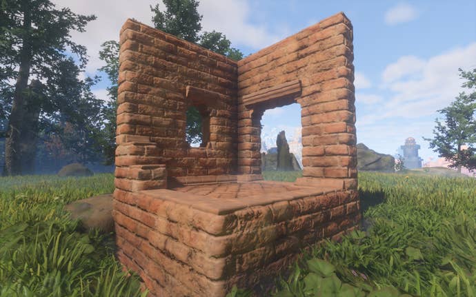 A demonstration of the Fired Bricks Block, made of bright orange and evenly-placed clay bricks.