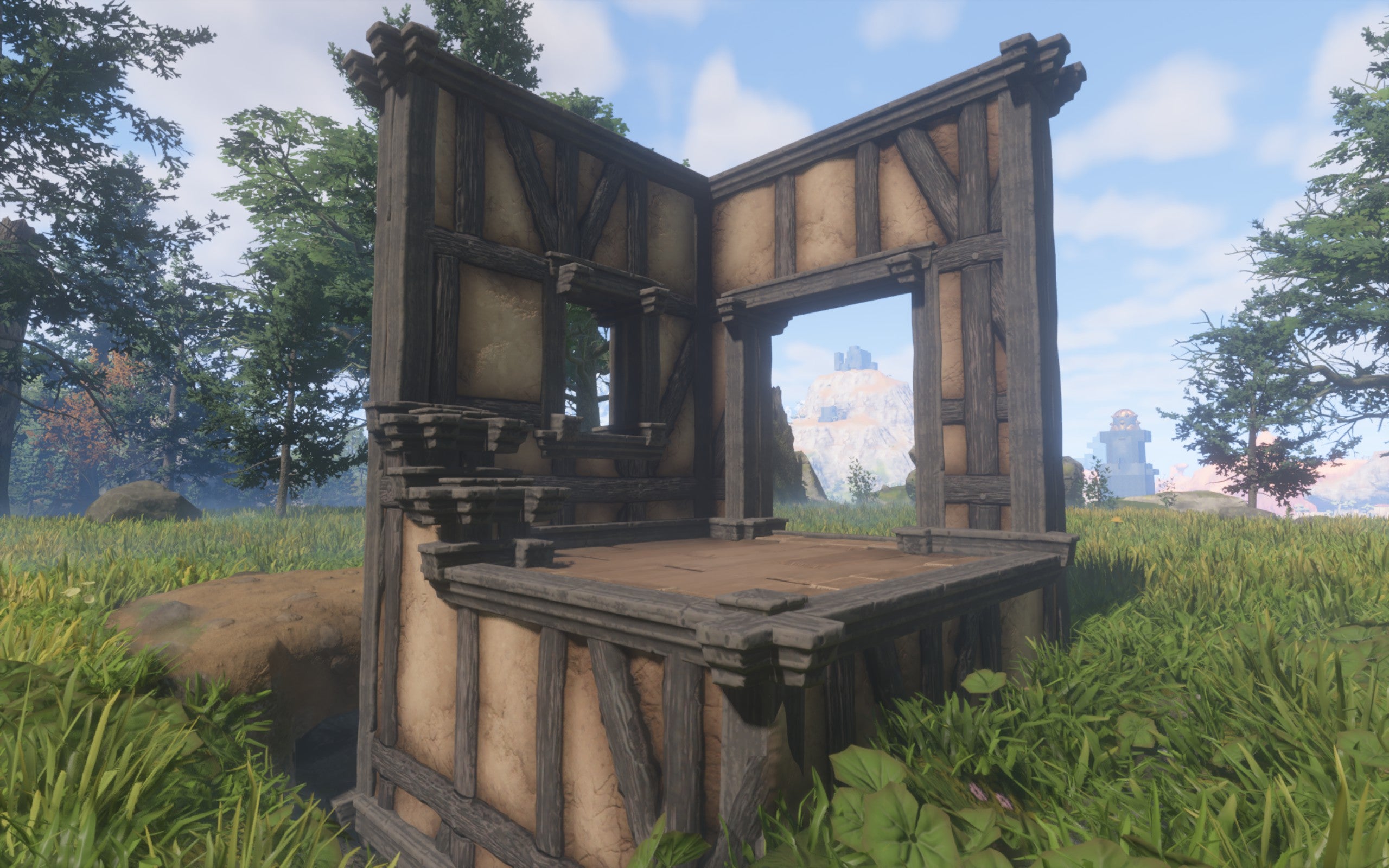 A demonstration of the Half-Timbered Block, a medieval-style block with cream-brown plaster and wood panelling.