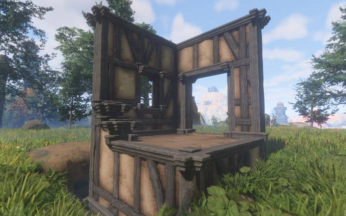 A demonstration of the Half-Timbered Block, a medieval-style block with cream-brown plaster and wood panelling.