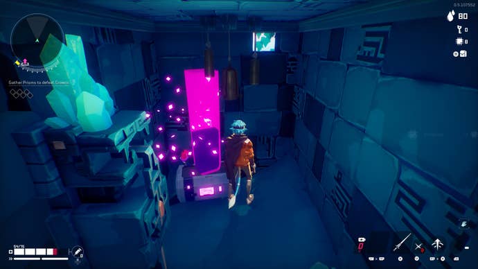 Inside a shack the player interacts with a blast of light in Hyper Light Breaker.