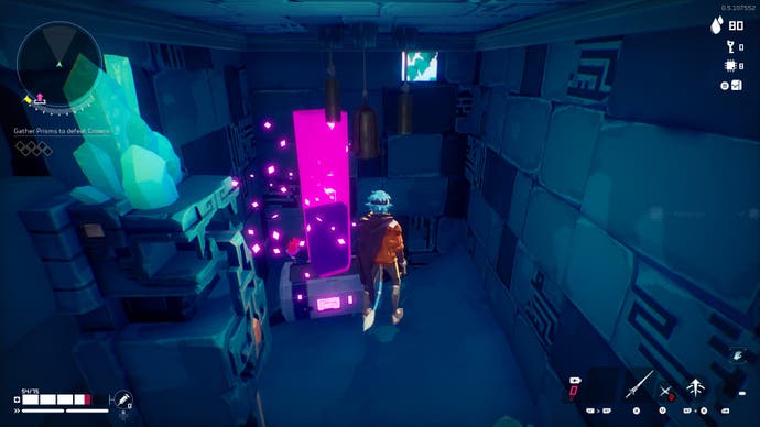 Inside a shack the player interacts with a blast of light in Hyper Light Breaker.
