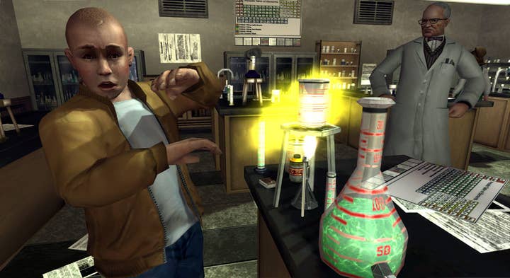 A screenshot of Bully with a boy in a science lab startled and scared when the concoction on his bunsen burner bursts into flames. A teacher in a lab coat looks on sternly with his hands on his hips.