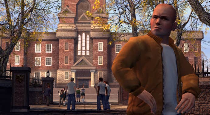 A bully stands in front of a posh school in Bully.