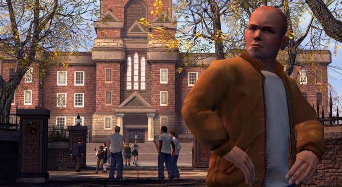 A bully stands in front of a posh school in Bully.