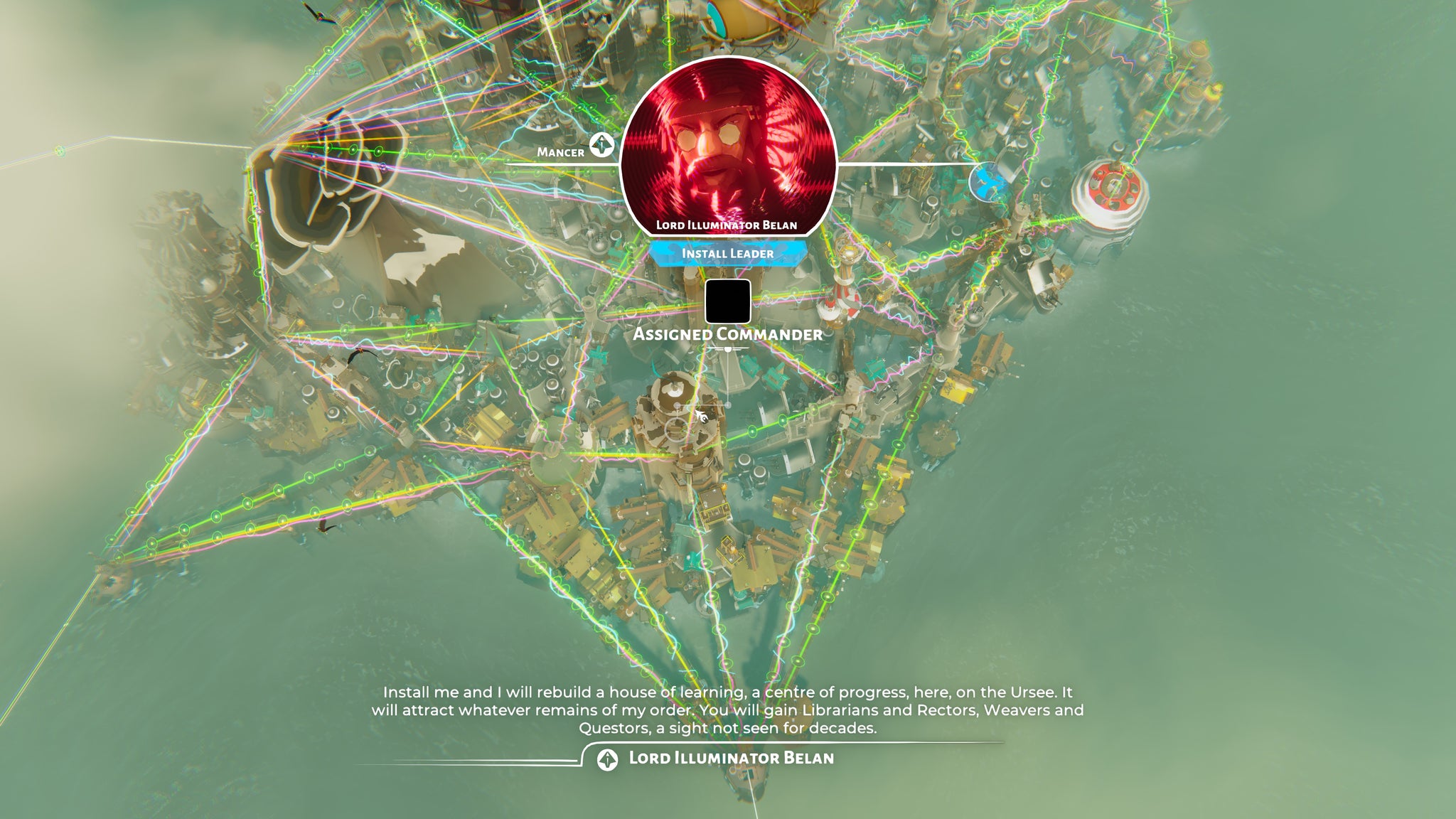 An overhead view of a settlement with the resource flow menu enabled in Bulwark: Falconeer Chronicles - 12