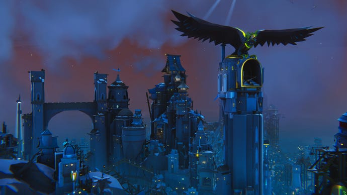 A large tower with a falcon statue stands in the foreground of an advanced settlement in Bulwark: Falconeer Chronicles