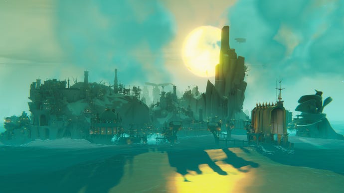 A settlement casts shadows on the sea at dawn in Bulwark: Falconeer Chronicles