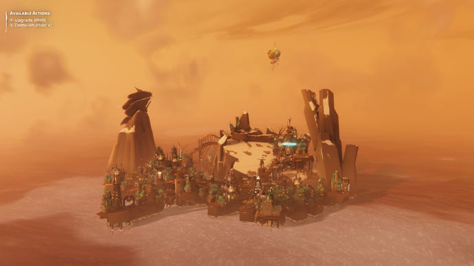 A view of a cliffside settlement at dusk in Bulwark: Falconeer Chronicles