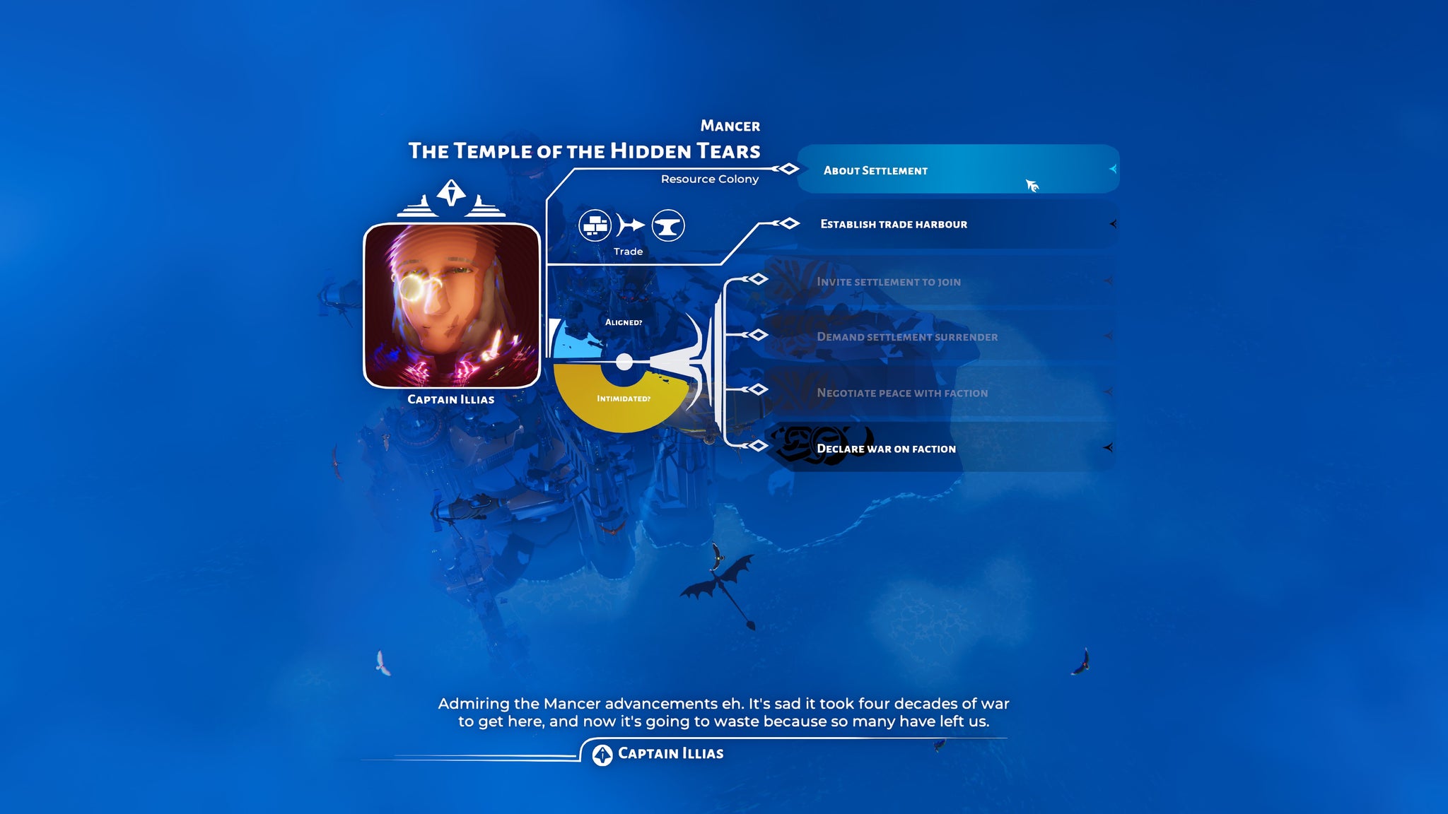 The menu options when you approach a new settlement in Bulwark: Falconeer Chronicles - 10