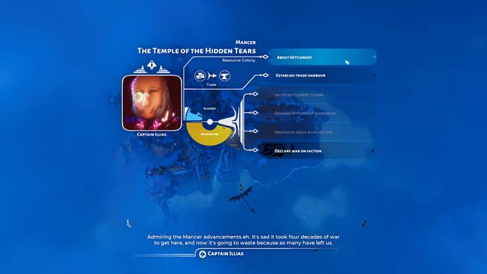The menu options when you approach a new settlement in Bulwark: Falconeer Chronicles