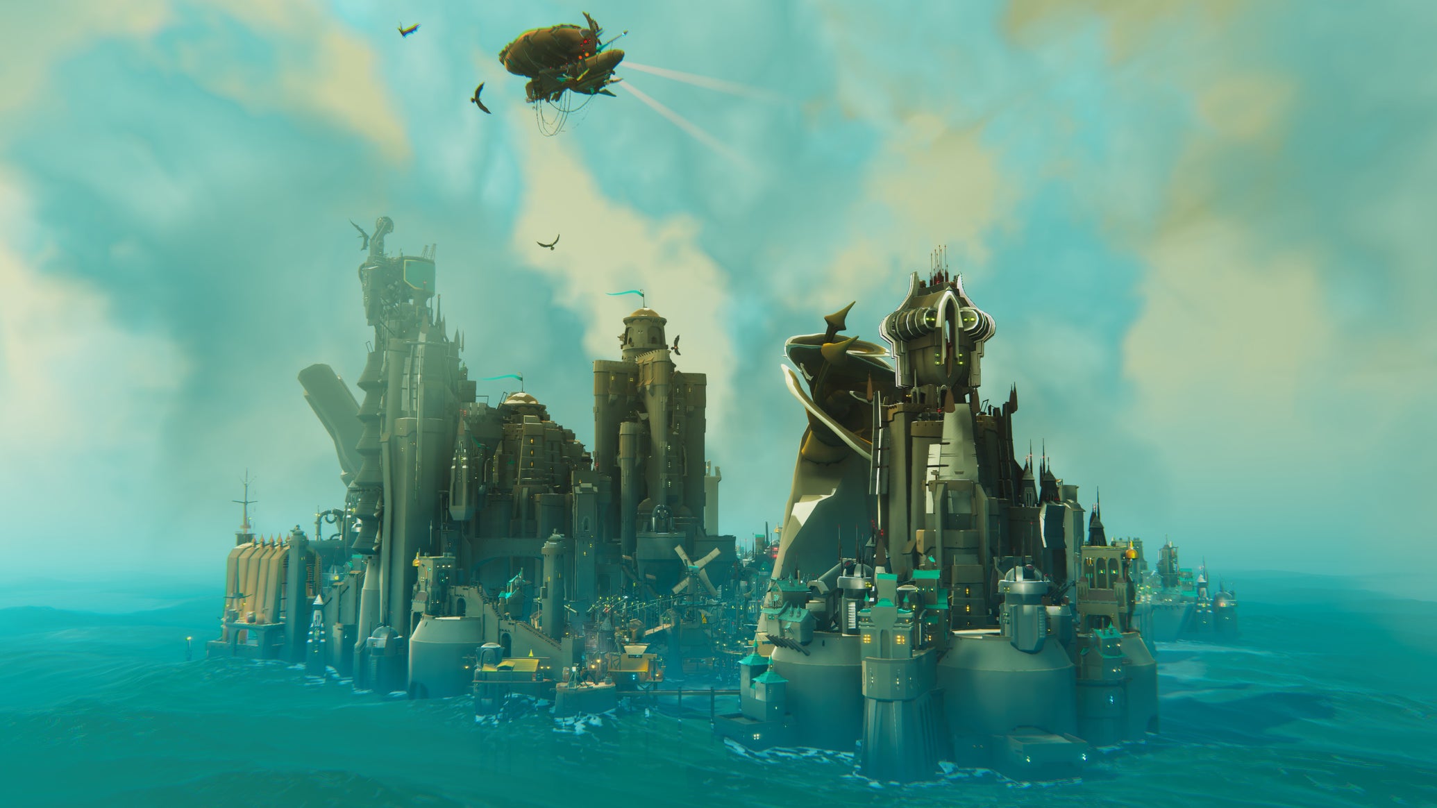 A cliffside settlement jutting out from the rocks into the sea in Bulwark: Falconeer Chronicles - 1