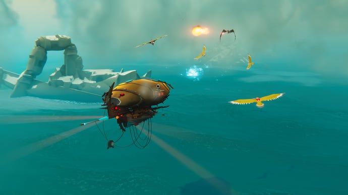 An airship fights alongside golden falcon riders over the sea in Bulwark: Falconeer Chronicles