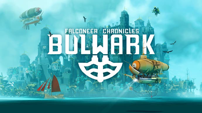 Artwork for Bulwark: Falconeer Chronicles with logo and backdrop of ships and buildings in blue ocean haze