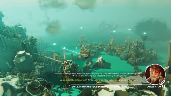 Bulwark - a shot of the tutorial, with a misty sea and buildings being constructed a long a ridge of rock.