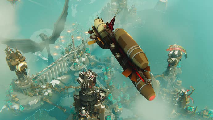 Giant airship floats over ocean in Bulwark: Falconeer Chronicles