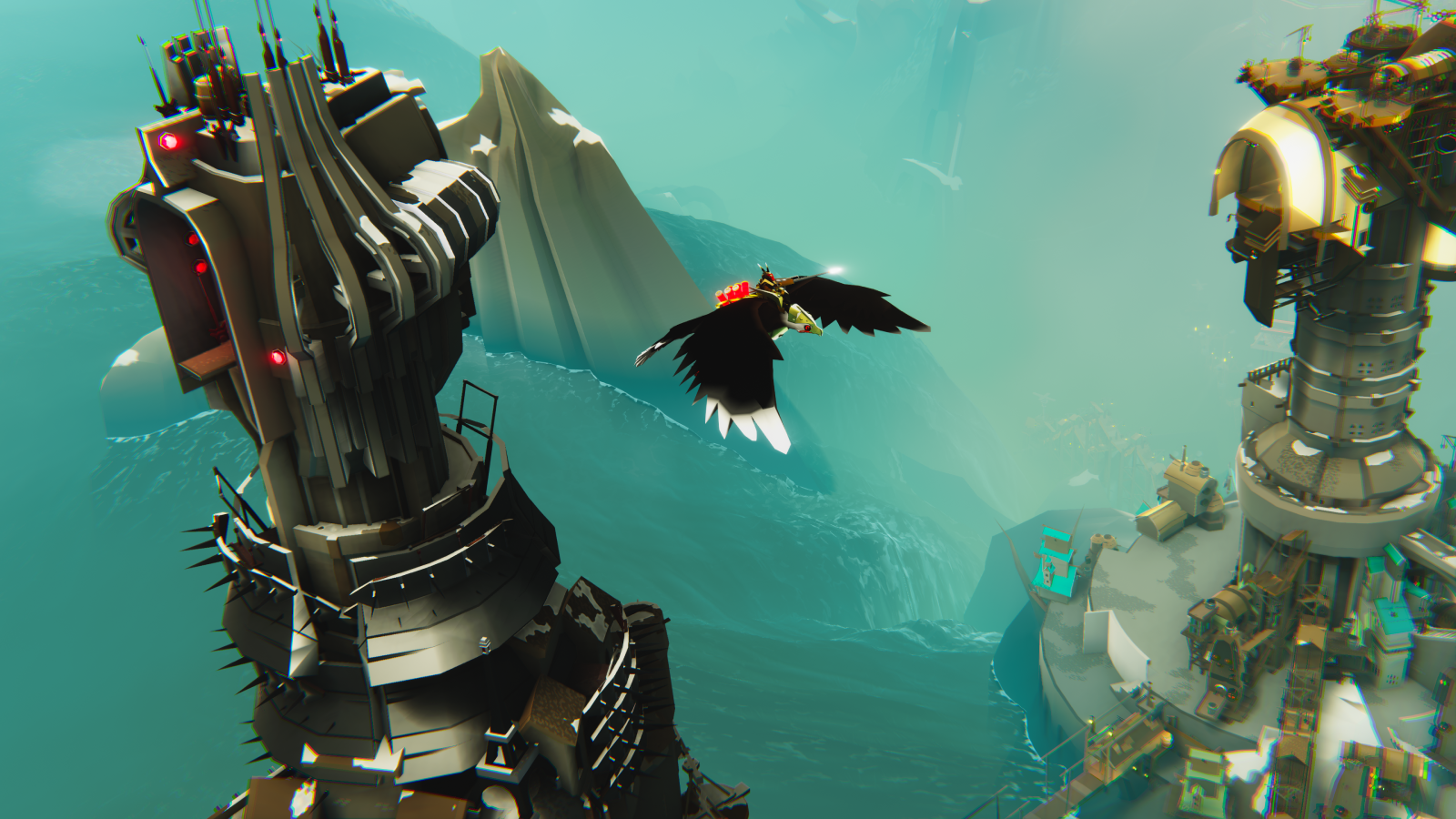Giant falcon flies past sci-fi towers in Bulwark: Falconeer Chronicles