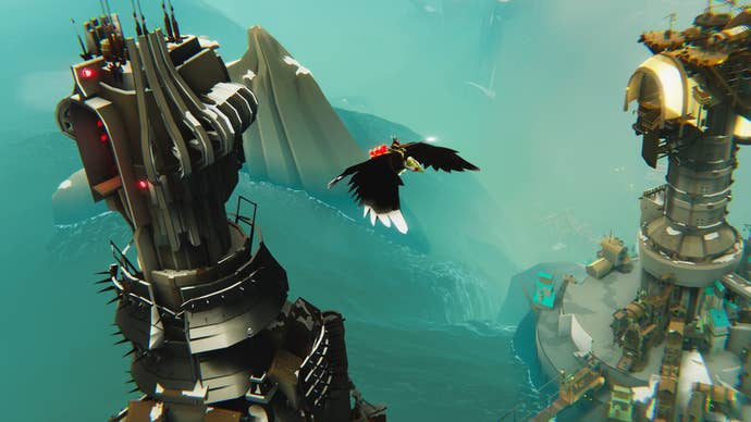 Giant falcon flies past sci-fi towers in Bulwark: Falconeer Chronicles