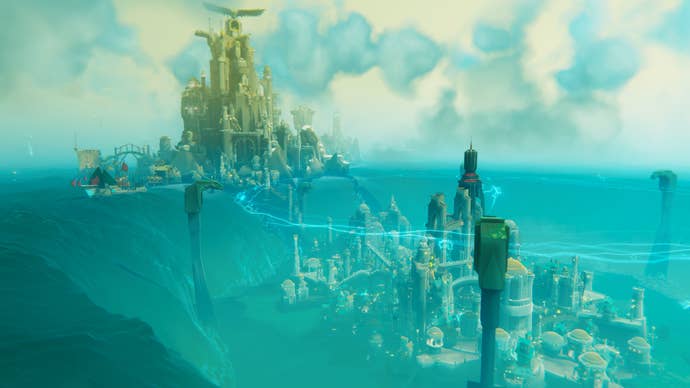 Distant shot of various sci-fi buildings and towers in blue haze in Bulwark: Falconeer Chronicles