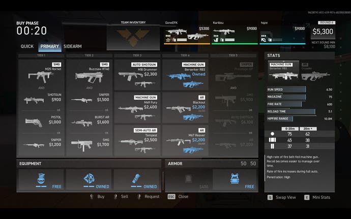 Ghost Split's purchase screen: a gray menu listing dozens of guns.
