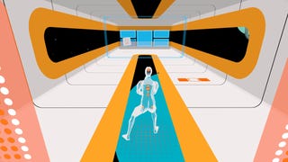 A C-Smash VRS - New Dimension screenshot showing the futuristic racquetball game being played in third-person.