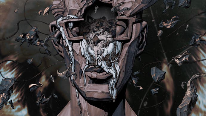 Stylised artwork for ZA/UM's C4 showing a man with glasses whose face has split apart, with bodies tumbling out of the hole.