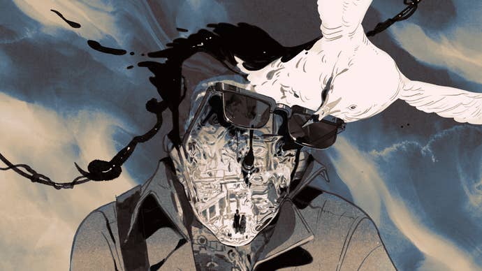 C4 from ZA/UM black and white surreal concept art showing male spy character in overcoat with sunglasses