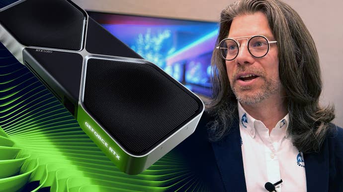 Nvidia’s Bryan Catanzaro with a GeForce RTX 50-series graphics card