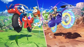Artwork for Pokémon Scarlet and Violet showing students riding on Miraidon and Koraidon, with Fuecoco, Sprigatito and Quaxly along for the ride
