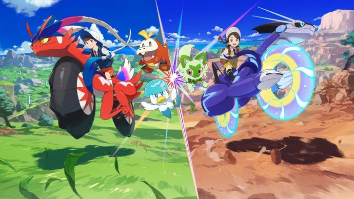 Artwork for Pokémon Scarlet and Violet showing students riding on Miraidon and Koraidon, with Fuecoco, Sprigatito and Quaxly along for the ride