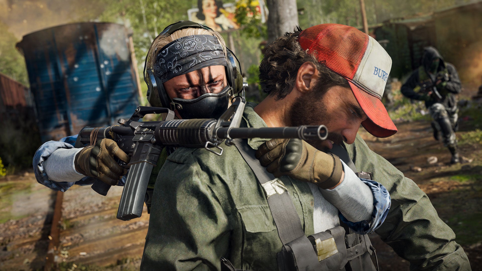 Call of Duty Black Ops 6 image showing a male character holding another male in one arm, while resting a rifle over his shoulder with the other