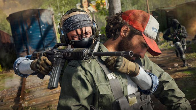 Call of Duty Black Ops 6 image showing a male character holding another male in one arm, while resting a rifle over his shoulder with the other