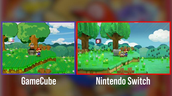 Paper Mario: A Thousand Years' Door Screenshot comparing Switch and GameCube landscapes