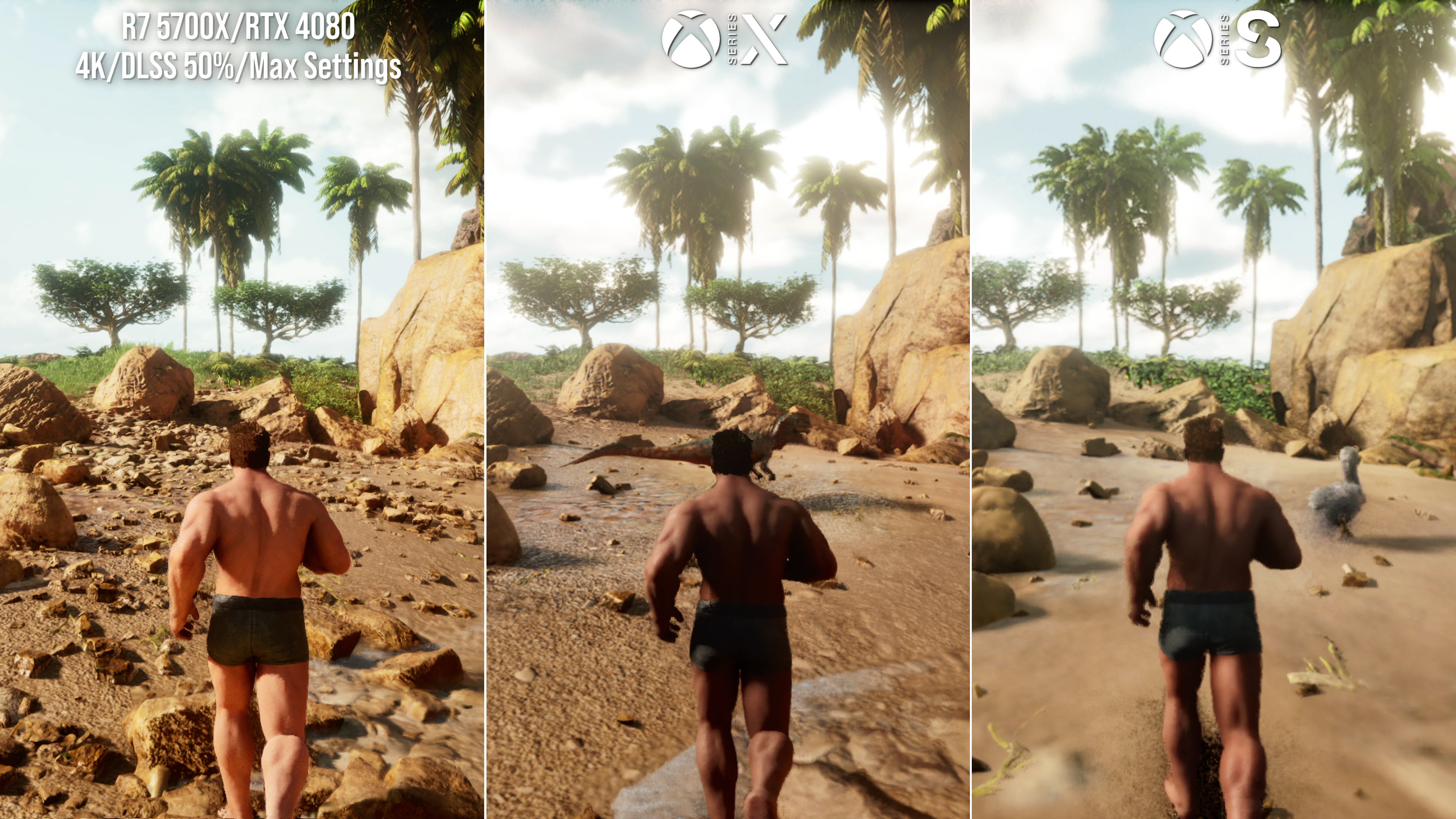 Ark: Survival Ascended screenshots comparing PC, Series X and Series S in matched locations