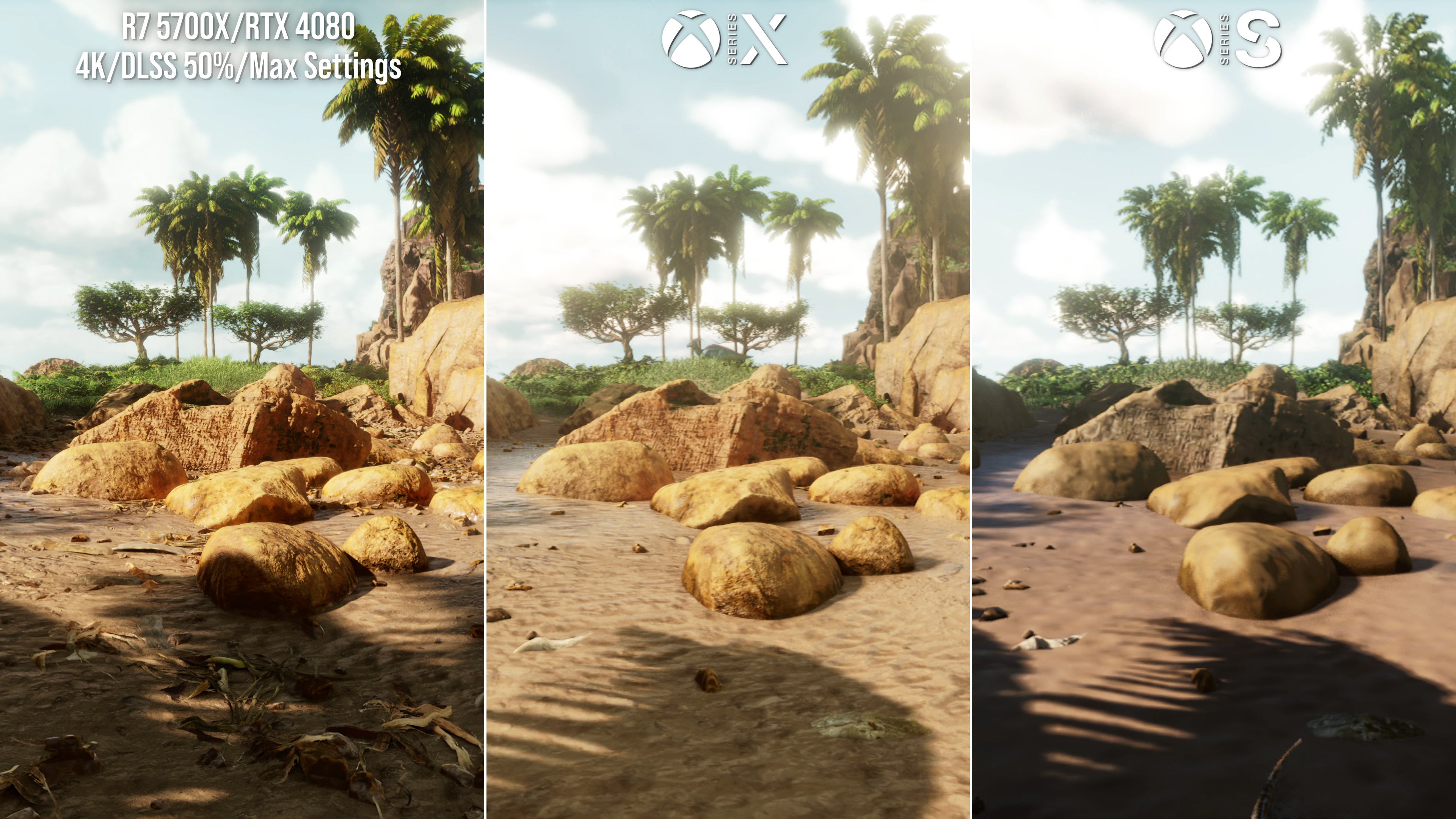 Ark: Survival Ascended screenshots comparing PC, Series X and Series S in matched locations
