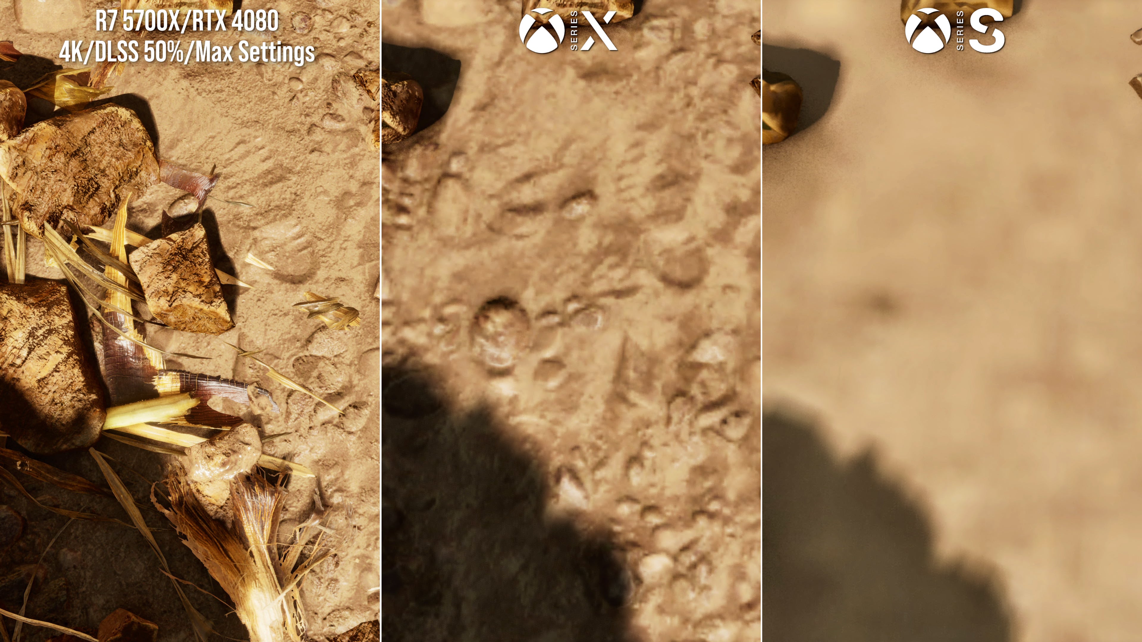 Ark: Survival Ascended screenshots comparing PC, Series X and Series S in matched locations