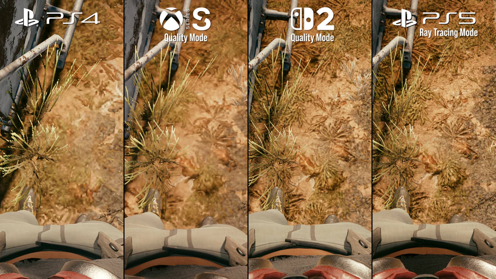 texture quality comparison between Cyberpunk 2077 running on PS4, Series S, Switch 2 and PS5.