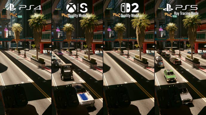 vehicle density comparison between Cyberpunk 2077 running on PS4, Series S, Switch 2 and PS5.