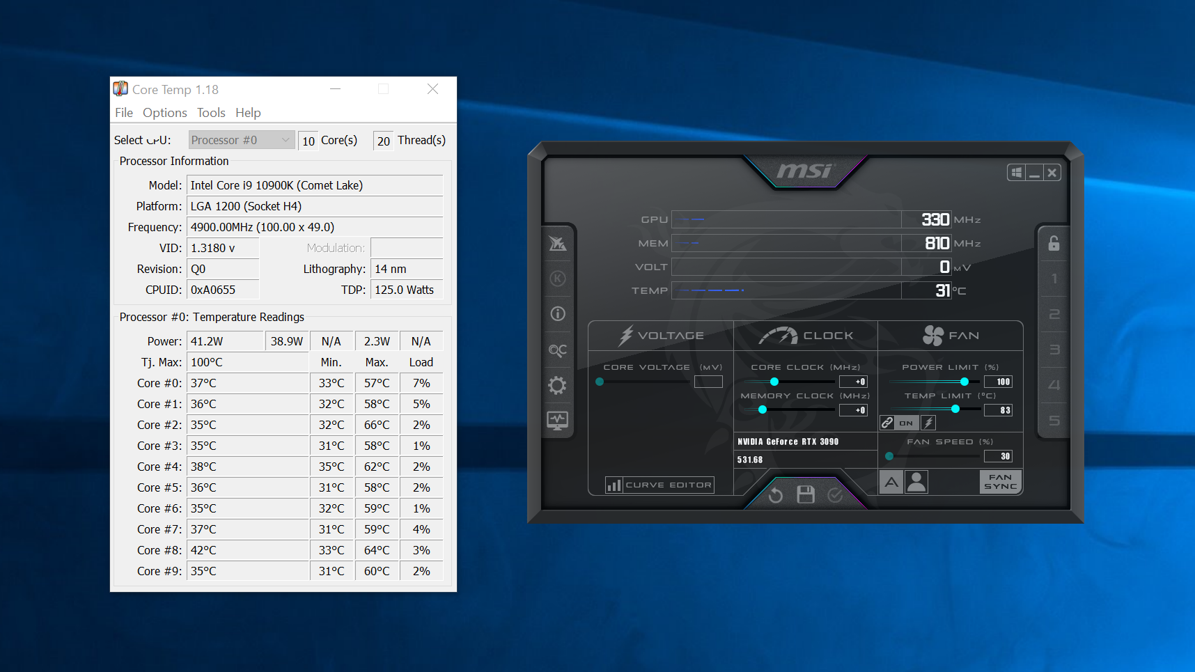 Core Temp, a CPU temperature monitoring application, running in a window next to MSI Afterburner.