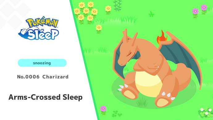 Pokemon Sleep screenshot featuring Charizard in 'cross-armed sleep'.