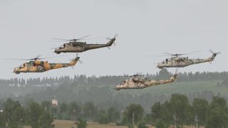 A fleet of helicopters fly above the treeline in this screenshot from Arma 3.